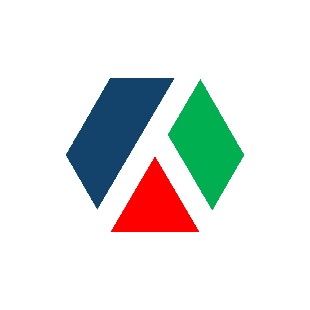 Abstract geometric shapes: blue rhombus, red triangle, and green diamond on a gray background.