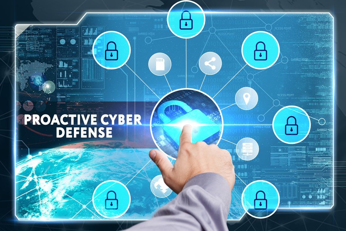 Business, Technology, Internet and network concept. Young businessman working on a virtual screen of the future and sees the inscription: Proactive defense